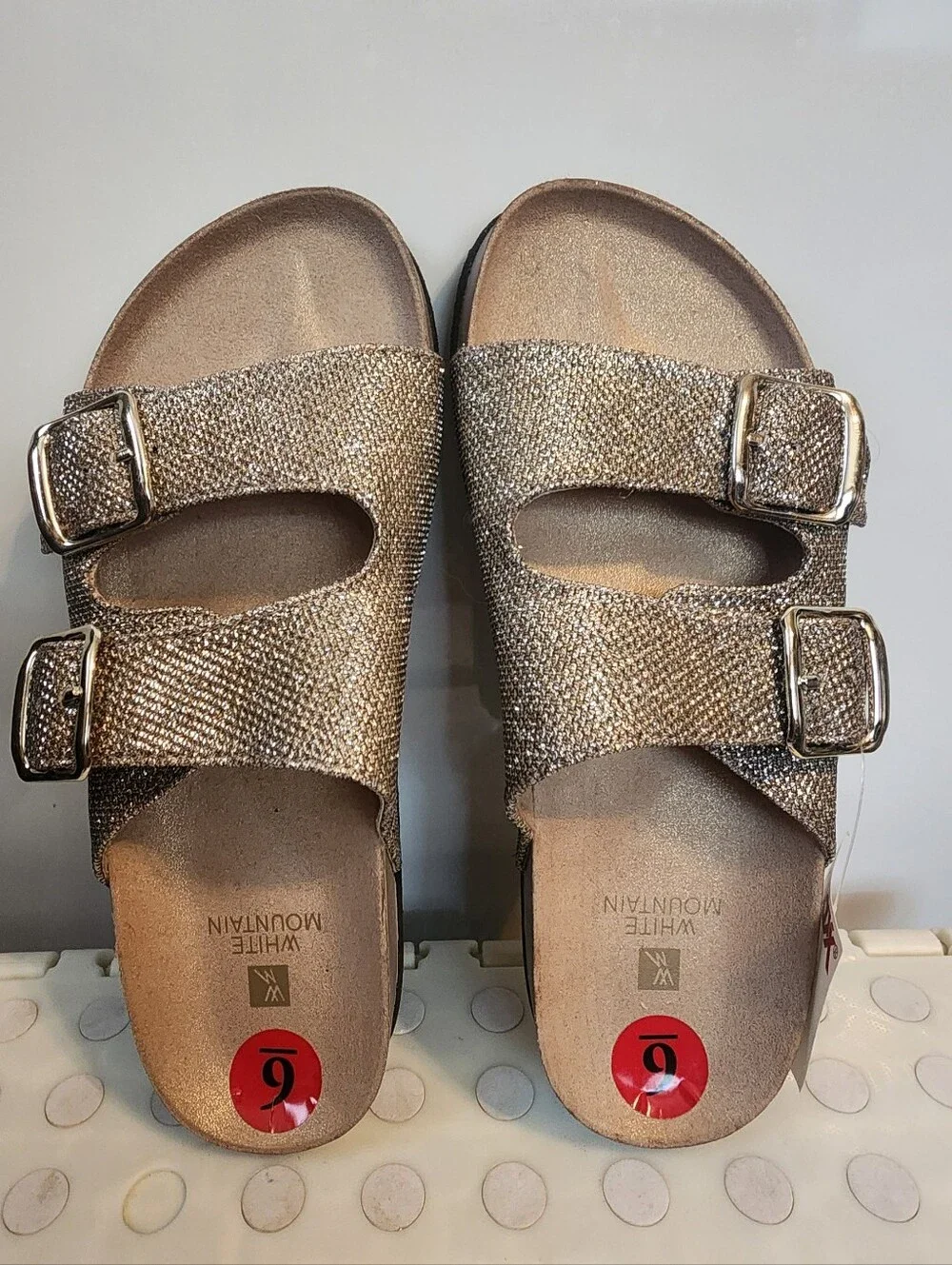 Sz 6 White Mountain Gold Glitter Double Buckle Slide Sandals.